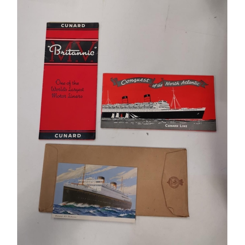 63 - A collection of Cunard items:  2 brochures; postcard of the MV Britannic and matching envelope;... 