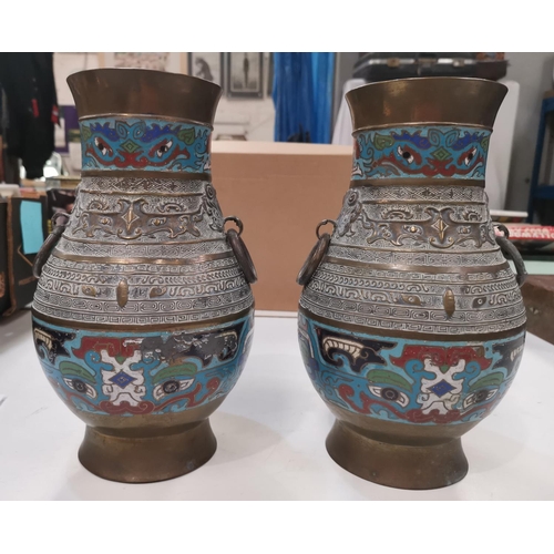 67 - A Chinese pair of brass and cloisonné vases with varying decoration and 2 loop handles, height 28cm ... 