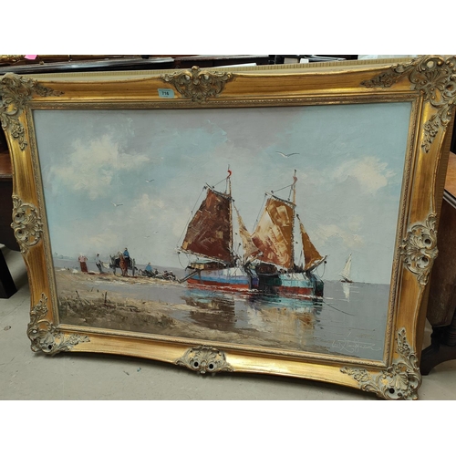 716 - Erich Zimmerman shore scene unloading the catch, oil on canvas, signed, 60 x 90cm in gilt frame (wit... 