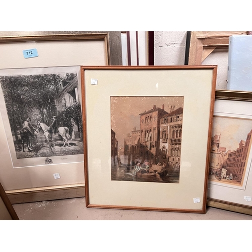 712 - A 19th century Venetian scene of boats on canal, framed and glazed 26 x 21cm and a 19th century etch... 