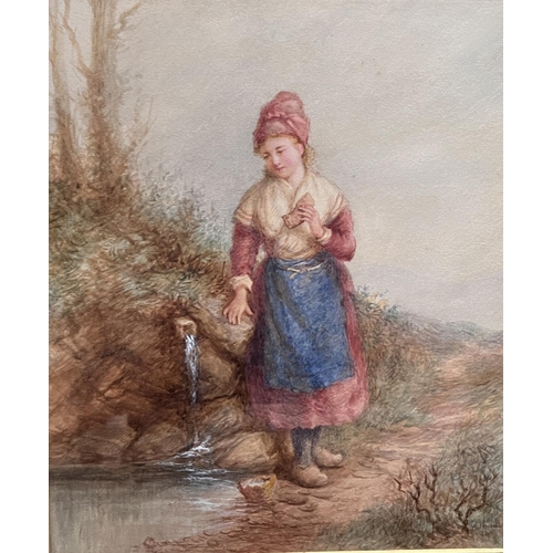 713 - A 19th century Continental School gilt framed watercolour picture of young girl, in clogs eating by ... 