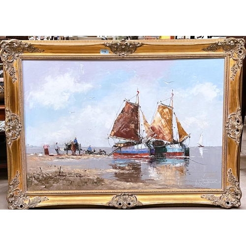 716 - Erich Zimmerman shore scene unloading the catch, oil on canvas, signed, 60 x 90cm in gilt frame (wit... 