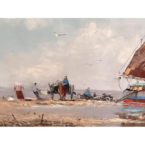 716 - Erich Zimmerman shore scene unloading the catch, oil on canvas, signed, 60 x 90cm in gilt frame (wit... 