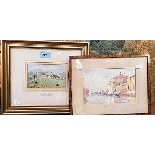 726 - Mande Forster: 1910 'The Sweet Meadow' small watercolour, crows and farm; Murano A.H.H.M Venice wate... 