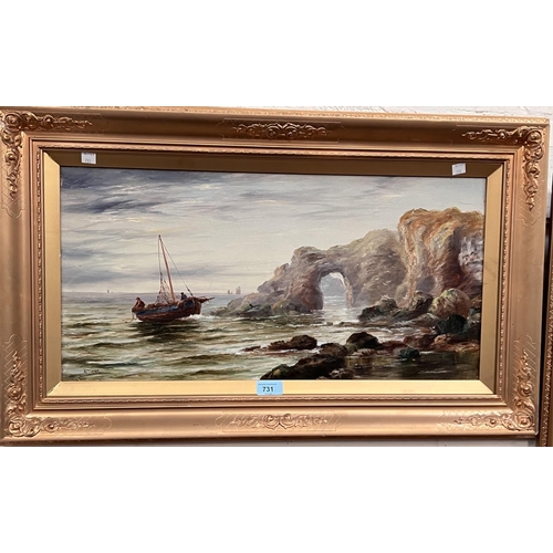 731 - A. Turner (British) 19th century oil on canvas fishing boat off rocky coast, gilt framed, 30 x 60cm