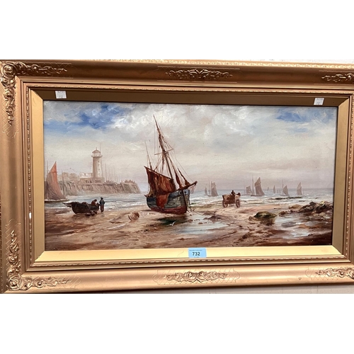 732 - A. Turner (British) 19th century oil on canvas, beach fishing boat with horses and carts around with... 