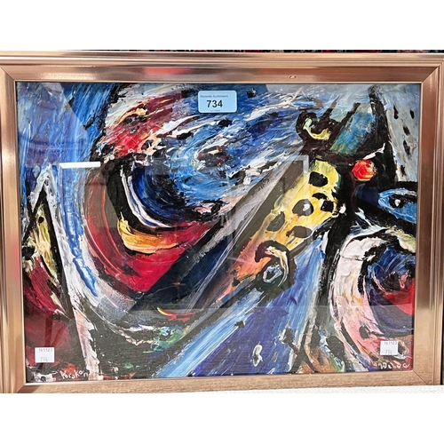 734 - David Wilde; Northern artist abstract oil on card, 'The Kraken' 30x40cm framed