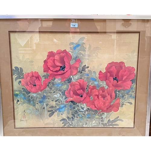 736 - David Lee: chinese silk of poppies and flowers, characters over signature, framed and glazed, 54 x 7... 