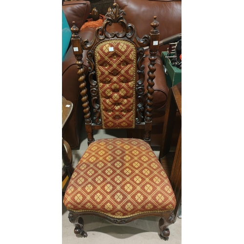 737 - A Victorian walnut occasional chair, Carolean style with barley twist columns and carved decoration