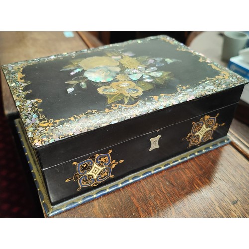 65A - A Victorian Papier Mache sewing box with mother of pearl decoration and red interior.