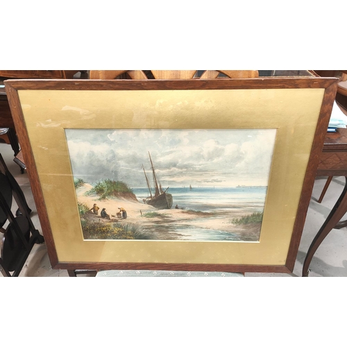 718 - Milton Drinkwater:  Coastal scene with beached fishing boat, watercolour, signed, 30 x 45cm, fr... 