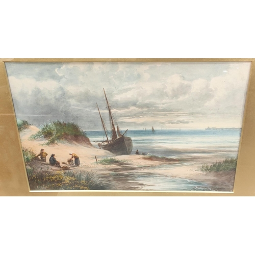 718 - Milton Drinkwater:  Coastal scene with beached fishing boat, watercolour, signed, 30 x 45cm, fr... 