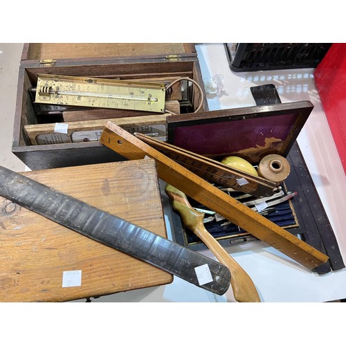 22 - A rosewood cased geometry set, rulers, thermometers; a box of dies etc.