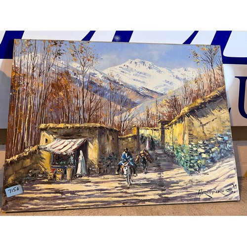 715A - Arthur Sarkissian: oil on canvas of a village mountain street scene with a man riding a donkey, sign... 