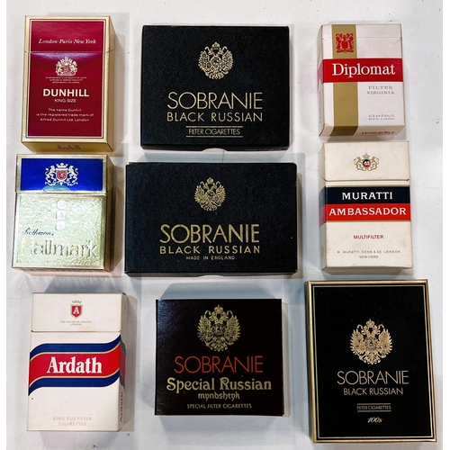 108 - A large selection of vintage cigarette packets:  Sobranie; Kensitas; etc.