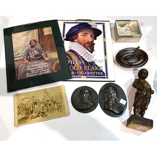 97 - Two vintage cigarette adverts, 2 19th century portrait plaques, other collectables