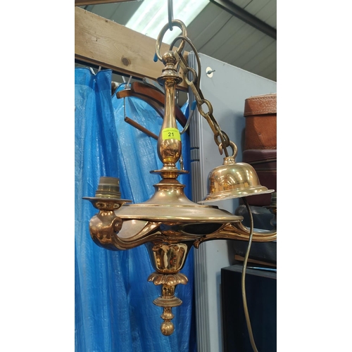 21 - A mid 20th century brass pendant light fitting of 3 branches