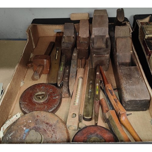 60 - A selection of vintage woodworking planes, spirit levels, measures etc.