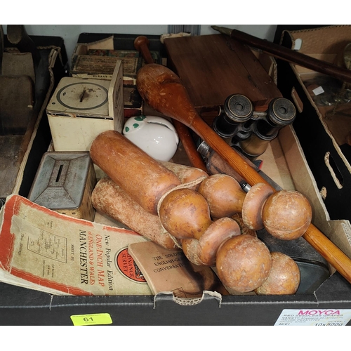 61 - A selection of miscellaneous vintage money boxes, skittles etc.