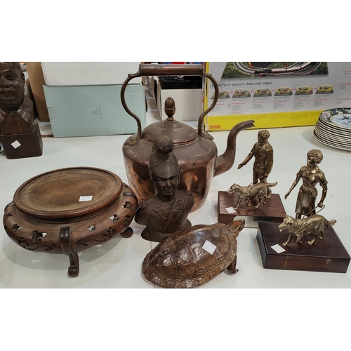 91 - A selection of trophies and decorative items inc. a copper kettle and oriental vase stand