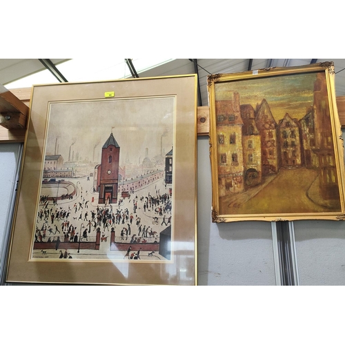 96 - An oil painting depicting tall houses; a Lowry print and other printsNo bids sold with next lot... 