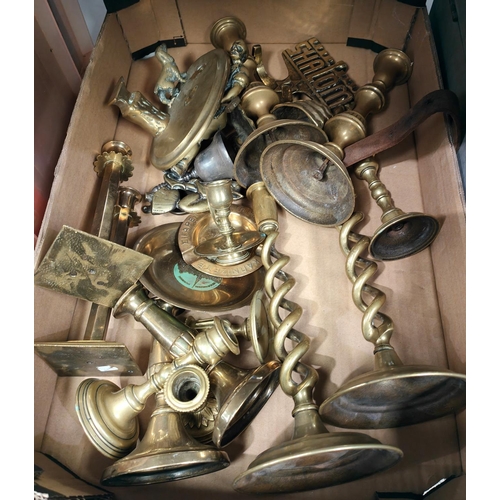 82A - A good selection of brass candlesticks and other brassware