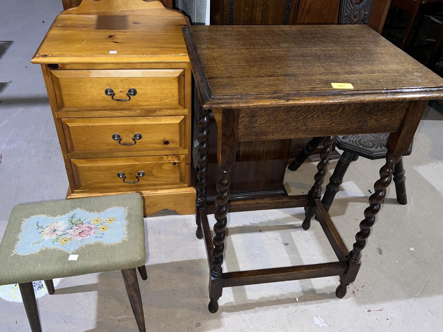 A 1930's rectangular oak barley twist occasional table; a small ...