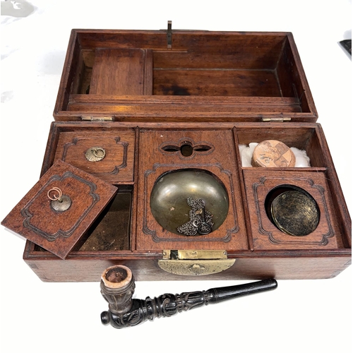 846 - A wooden opium set with pipe etc