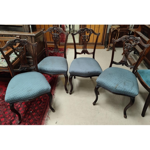 975 - Four mahogany salon style chairs, pierced backs, blue cushions; a full height wall cabinet glazed cu... 