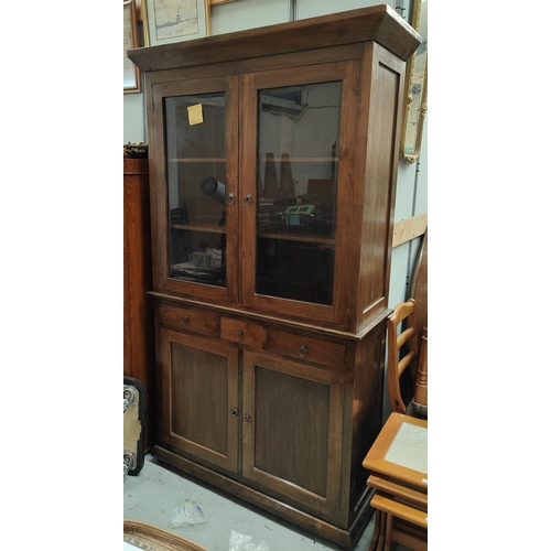 975 - Four mahogany salon style chairs, pierced backs, blue cushions; a full height wall cabinet glazed cu... 