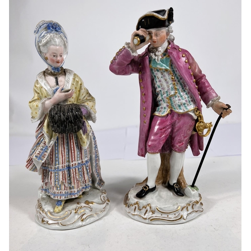 519 - A Meissen style figure of a gentleman with spy glass and cane, crossed swords mark in blue, ht. 22cm... 