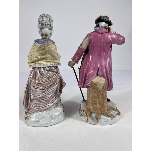 519 - A Meissen style figure of a gentleman with spy glass and cane, crossed swords mark in blue, ht. 22cm... 