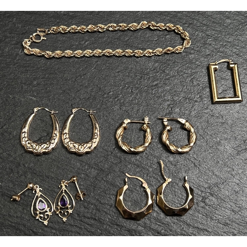 682 - 3 pairs of 9ct gold earrings, another pair with amethyst colour stones, a single 9ct earring, a 9ct ... 