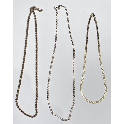 694 - A 9ct hallmarked gold rope twist necklace, another gold chain necklace and a yellow metal herringbon... 