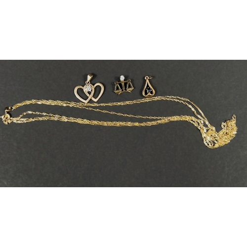 696 - A 9ct hallmarked gold fine triple strand necklace; 2 gold small pendants, one set diamond chip, the ... 