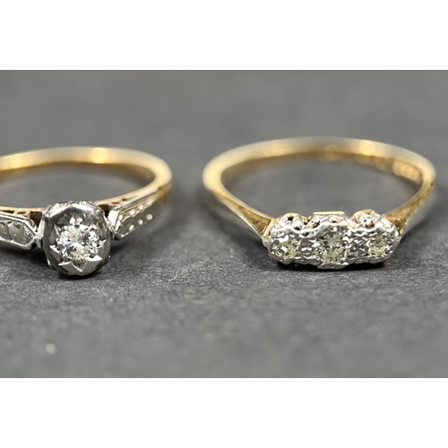 699 - Two small yellow metal rings with small diamonds in illusion settings stamped 18ct, 3.5gm gross