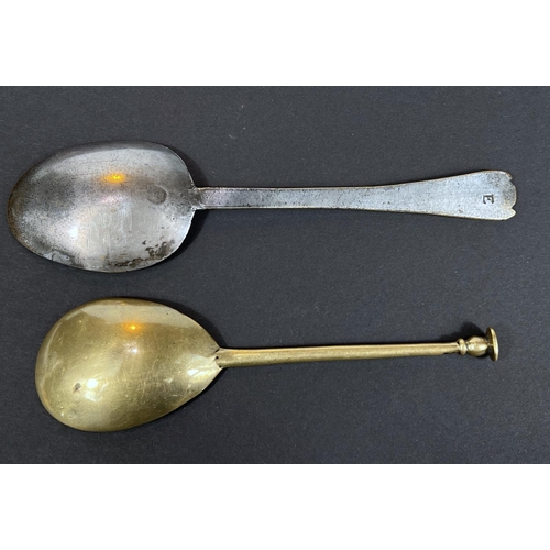 749 - A brass 16th/17th century seal top spoon and a later 18th century plated spoon with markers mark to ... 