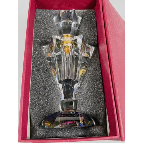 528 - A Waterford Crystal mantelclock;2 Art Deco glass scent bottles; a large crystal scent bottle, boxed