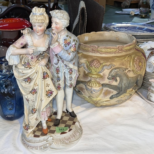 582 - A Meissen style porcelain group of period dressed lady and gentleman (gingers a/f) sword cross mark ... 