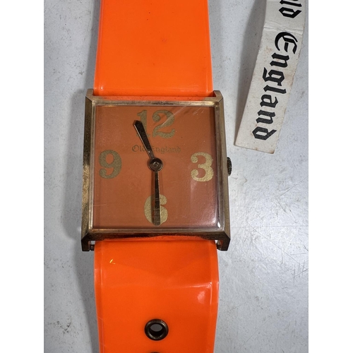 733 - A 1960's OLD ENGLAND POP watch, original label and dayglo strap