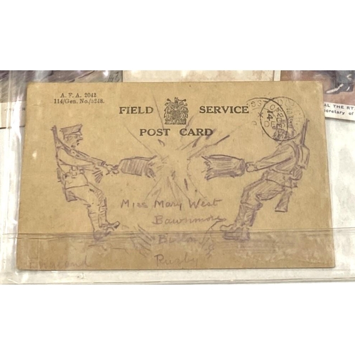 151 - WWI: A Field Service postcard with pencil decoration (1914?) and other cards