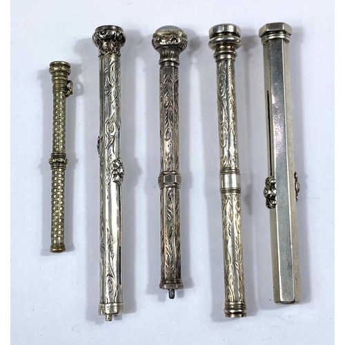 173 - Five silver/white metal propelling pencils, four with stones to top, some hallmarks worn