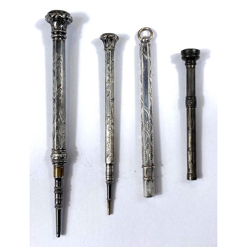 174 - Four miniature silver/white metal propelling pencils, three with seal tops