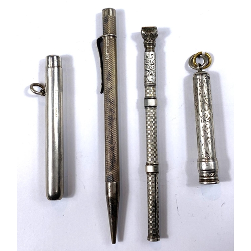 176 - A silver propelling pencil with seal top, calculator and other silver propelling pencils