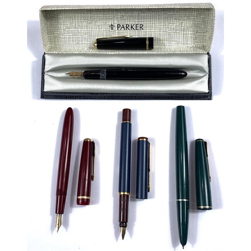 188 - A cased Parker fountain pen and three other vintage Parker fountain pens