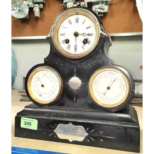 245 - A PRESENTATION SLATE CASED CLOCK, with 8 day movement, thermometer and barometer dials, 27cm high wi... 