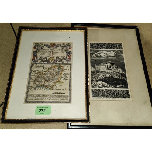 272 - A framed Bowen map of Carmarthenshire, hand coloured and a wood engraving of 'The Rise of Plutarch' ... 