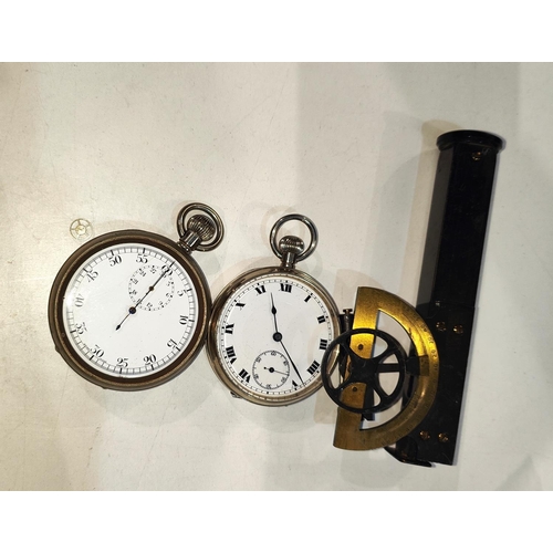 247 - A WWI stopwatch, engraved C. FLIGHT No.2, a clinometer brass c. 1900, 12cm, a pocket watch