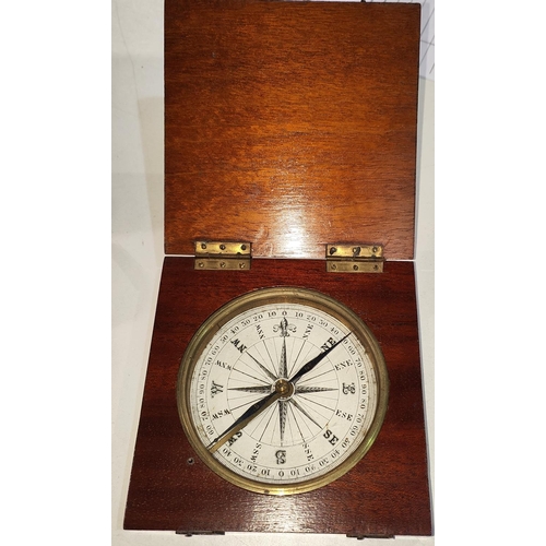 249 - A COMPASS, 19th century, engraved paper dial, mahogany case, 10cm square