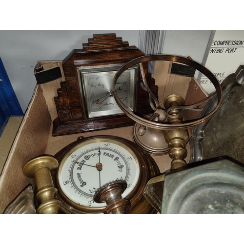 4 - A large bronze candle stand, tow aneroid barometers, silver plate and brassware